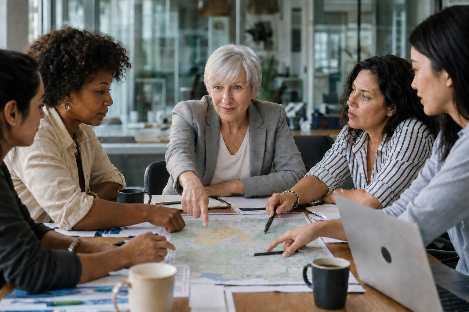 Team of professionals coordinating administrative and operational planning around a large table